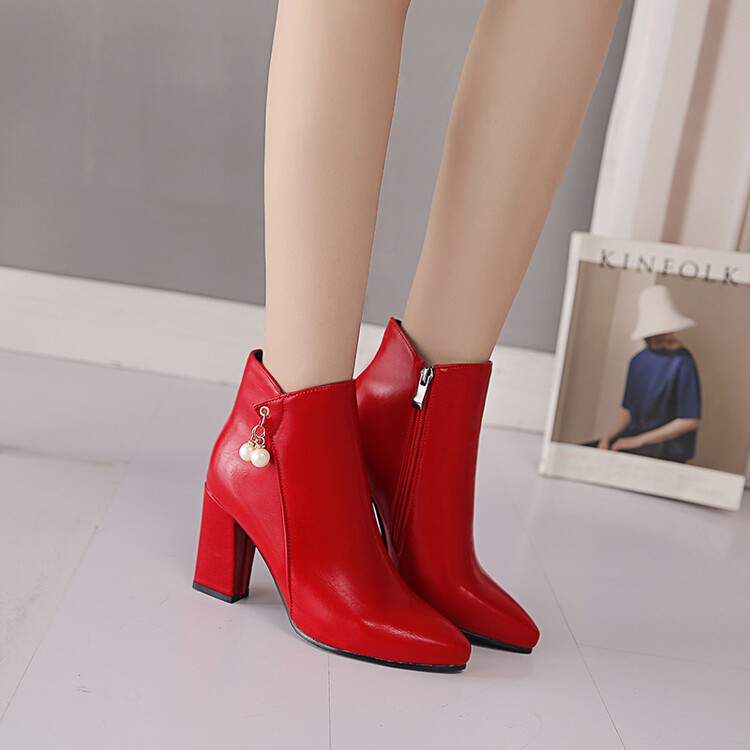 Fashion Pointed Toe Ankle Boots with Metal Decoration and Chunky High Heel