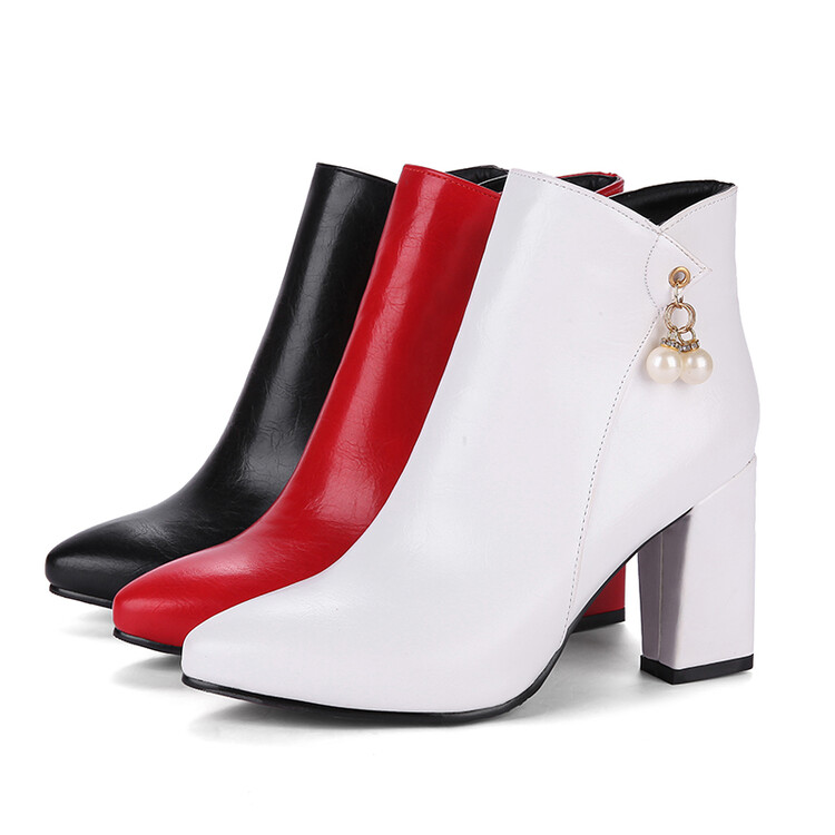 Fashion Pointed Toe Ankle Boots with Metal Decoration and Chunky High Heel