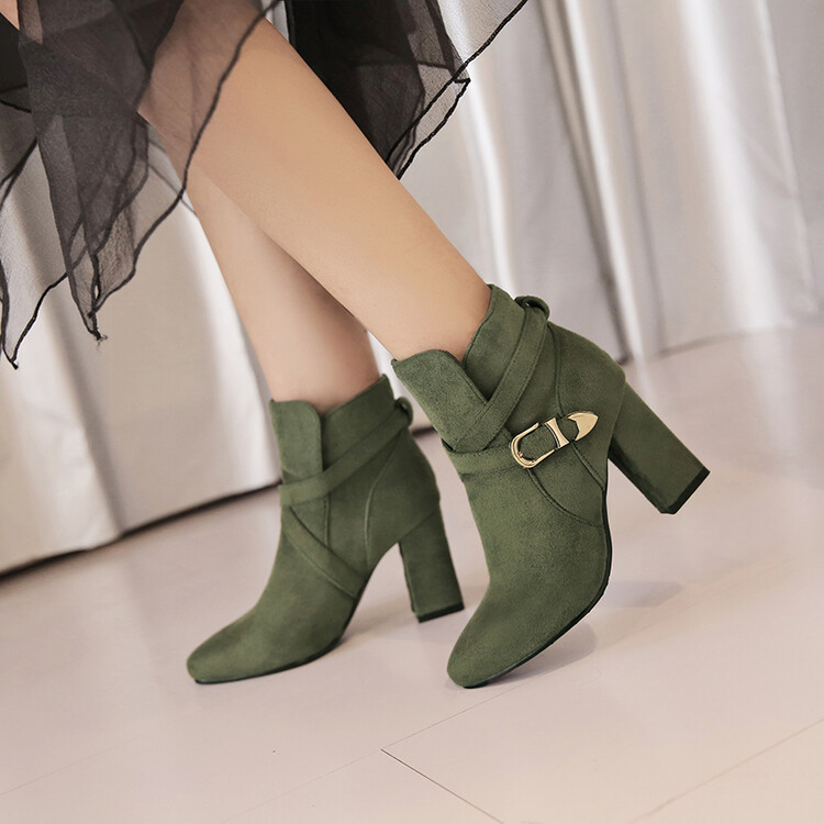 Suede High Heel Mid Calf Boots with Metal Detail