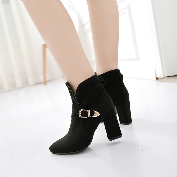 Suede High Heel Mid Calf Boots with Metal Detail