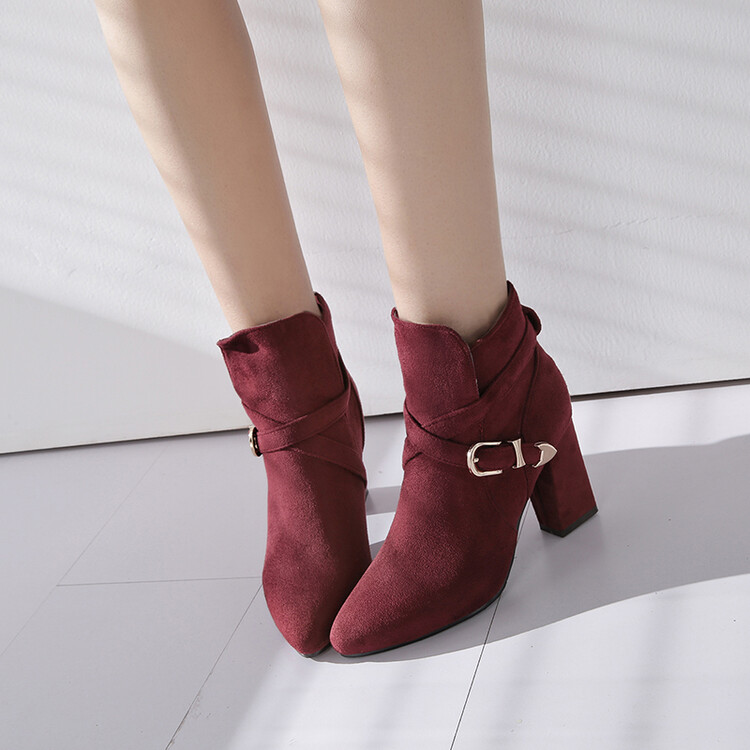 Suede High Heel Mid Calf Boots with Metal Detail