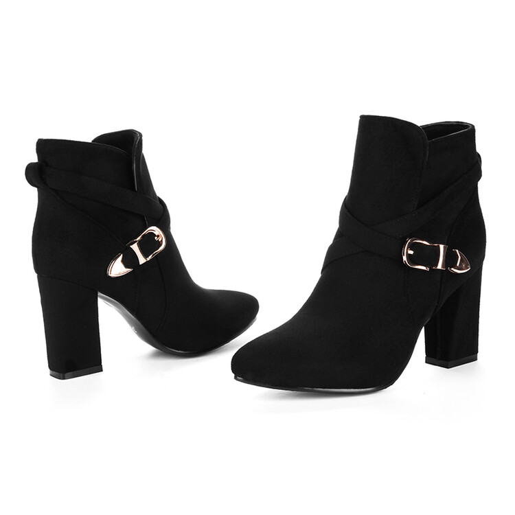 Suede High Heel Mid Calf Boots with Metal Detail