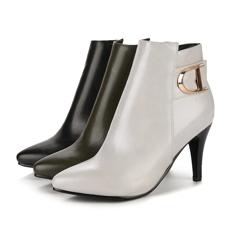 Women's High Heel Ankle Boots with Metal Decoration - Style k.html