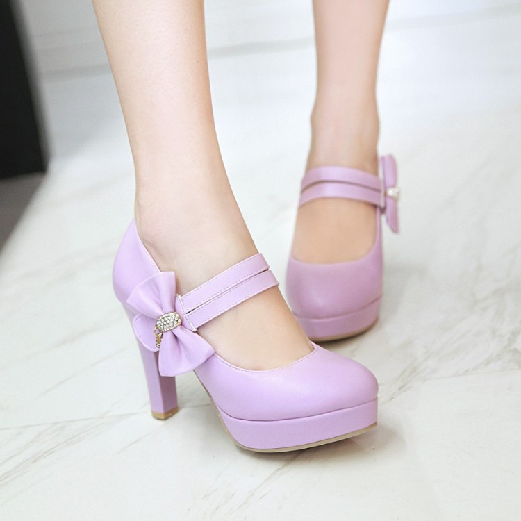 Women's High Heel Chunky Pumps with Rhinestones and Bow