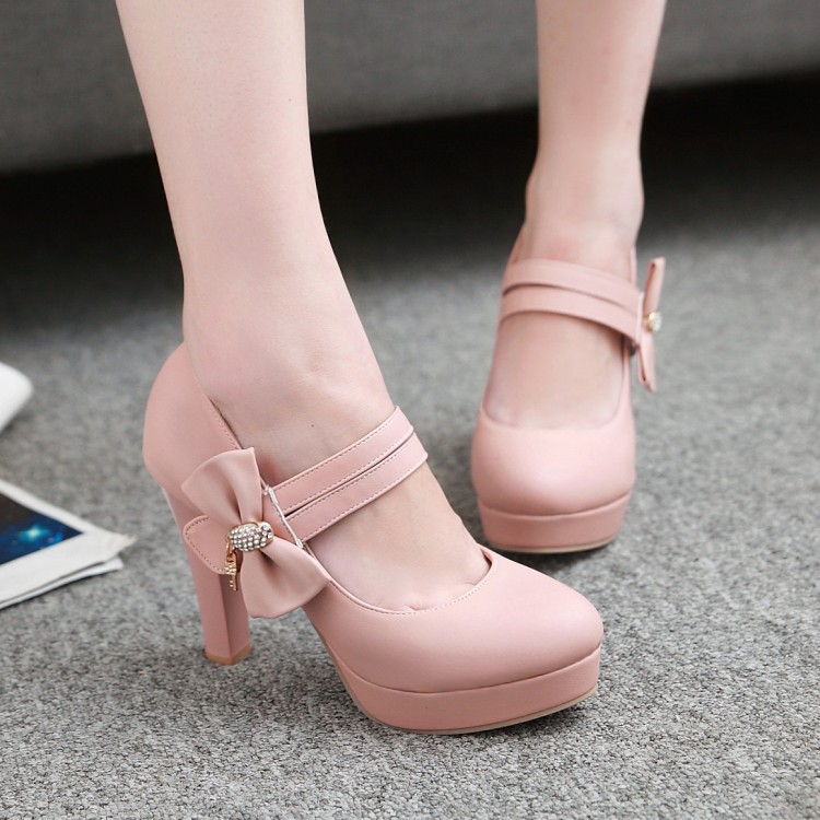 Women's High Heel Chunky Pumps with Rhinestones and Bow