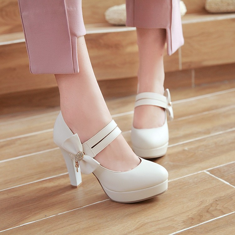 Women's High Heel Chunky Pumps with Rhinestones and Bow