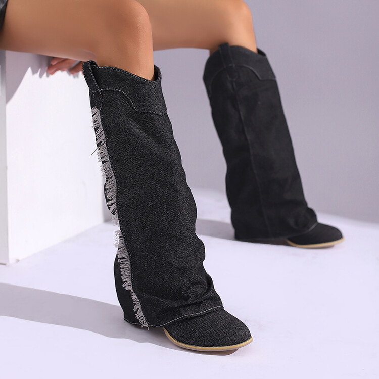 Women's High Shaft Denim Boots with Tassel Detail and Chunky Mid Heel