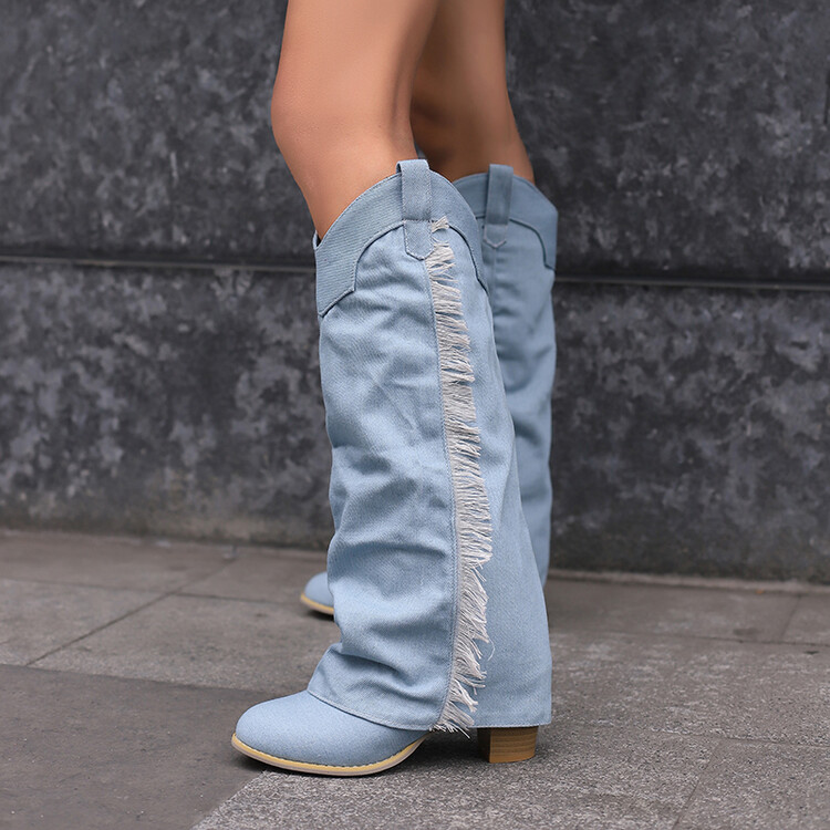 Women's High Shaft Denim Boots with Tassel Detail and Chunky Mid Heel
