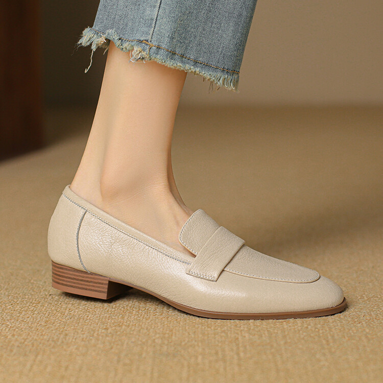 Women's Leather Loafers Low Chunky Heel Slip-On Casual Shoes - Style g.html