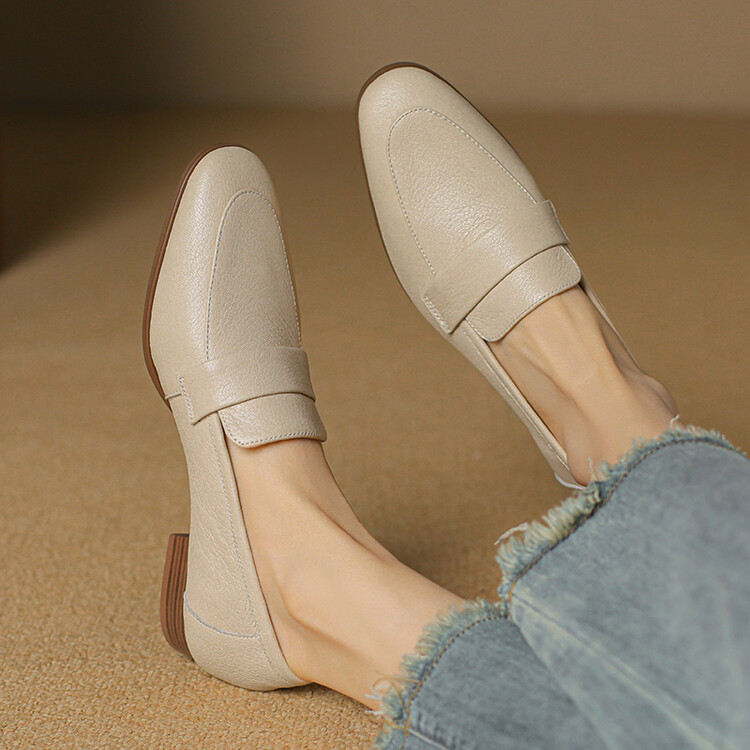 Women's Leather Loafers Low Chunky Heel Slip-On Casual Shoes - Style g.html