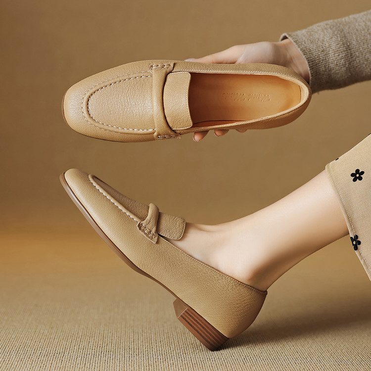 Women's Leather Loafers Slip-On Chunky Mid Heel Commuter Shoes