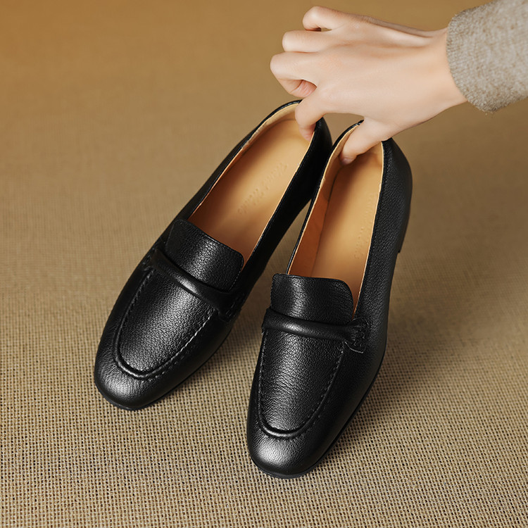 Women's Leather Loafers Slip-On Chunky Mid Heel Commuter Shoes