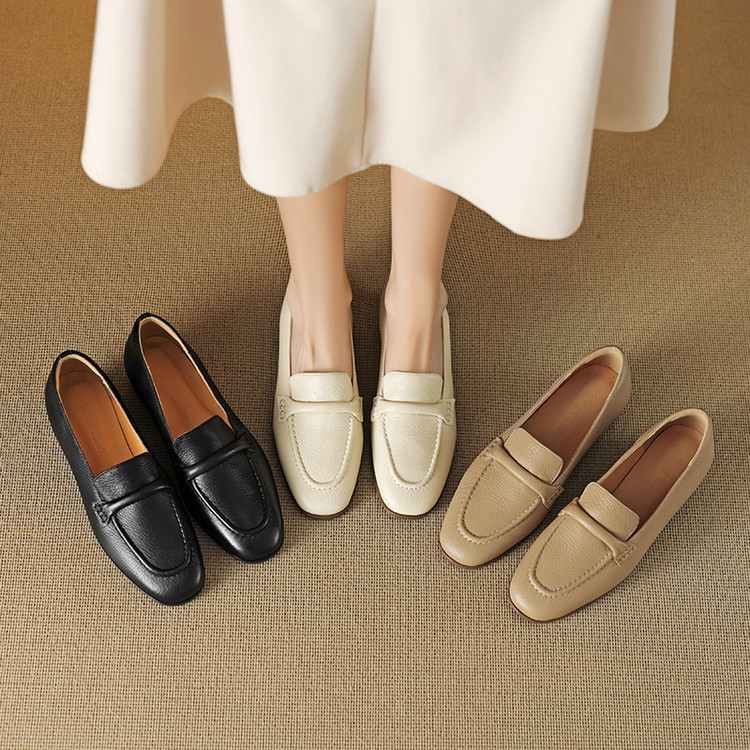 Women's Leather Loafers Slip-On Chunky Mid Heel Commuter Shoes