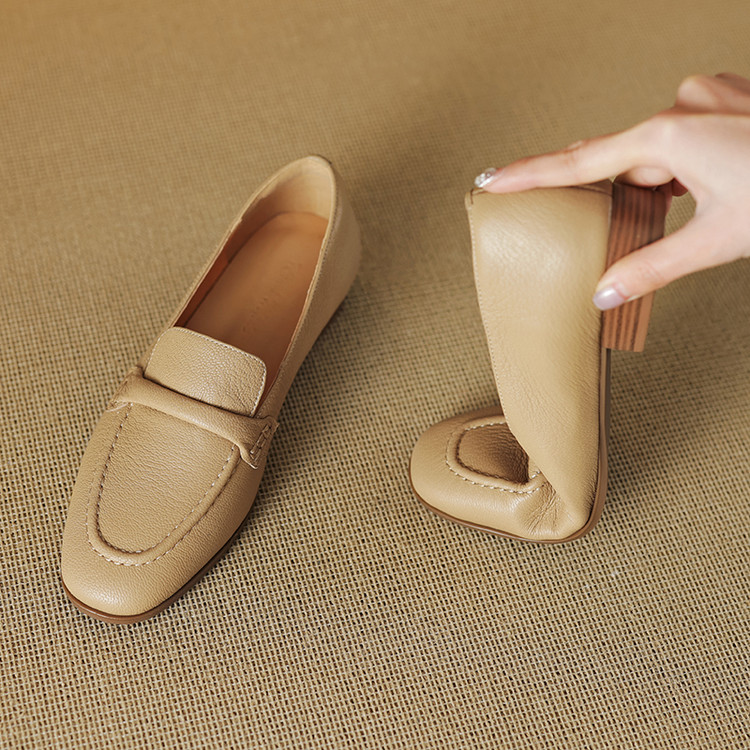 Women's Leather Loafers Slip-On Chunky Mid Heel Commuter Shoes