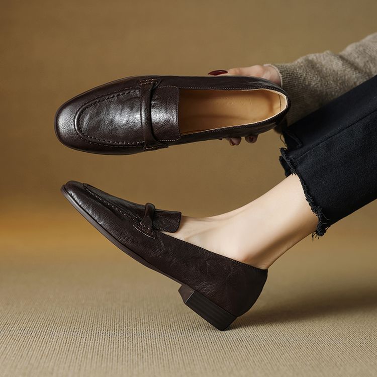 Women's Leather Loafers with Chunky Mid Heel