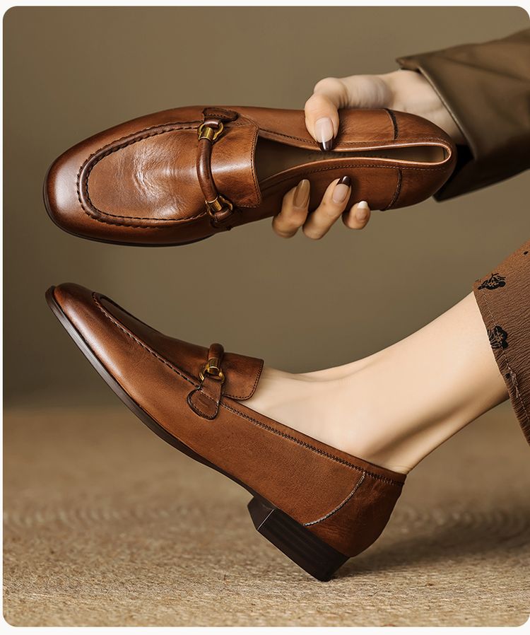Women's Leather Loafers with Low Chunky Heel and Metal Detail - Style c.html