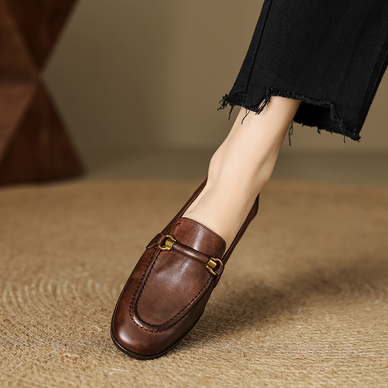 Women's Leather Loafers with Low Chunky Heel and Metal Detail - Style c.html