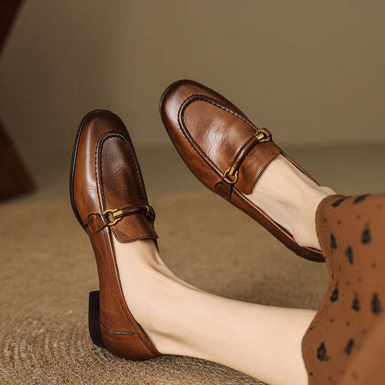 Women's Leather Loafers with Low Chunky Heel and Metal Detail - Style c.html