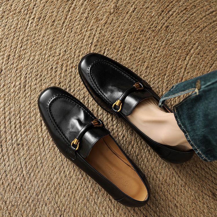 Women's Leather Loafers with Low Chunky Heel and Metal Detail - Style c.html