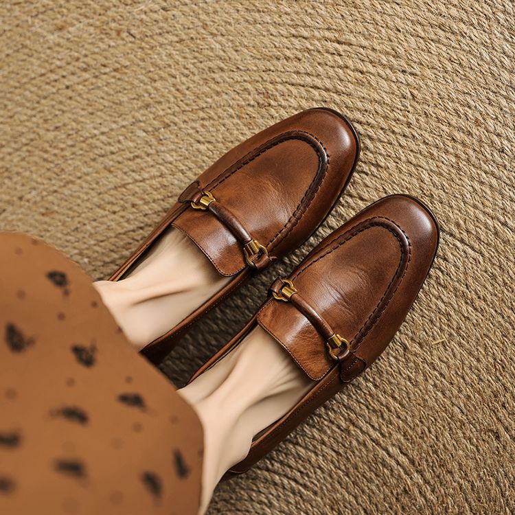 Women's Leather Loafers with Low Chunky Heel and Metal Detail - Style c.html