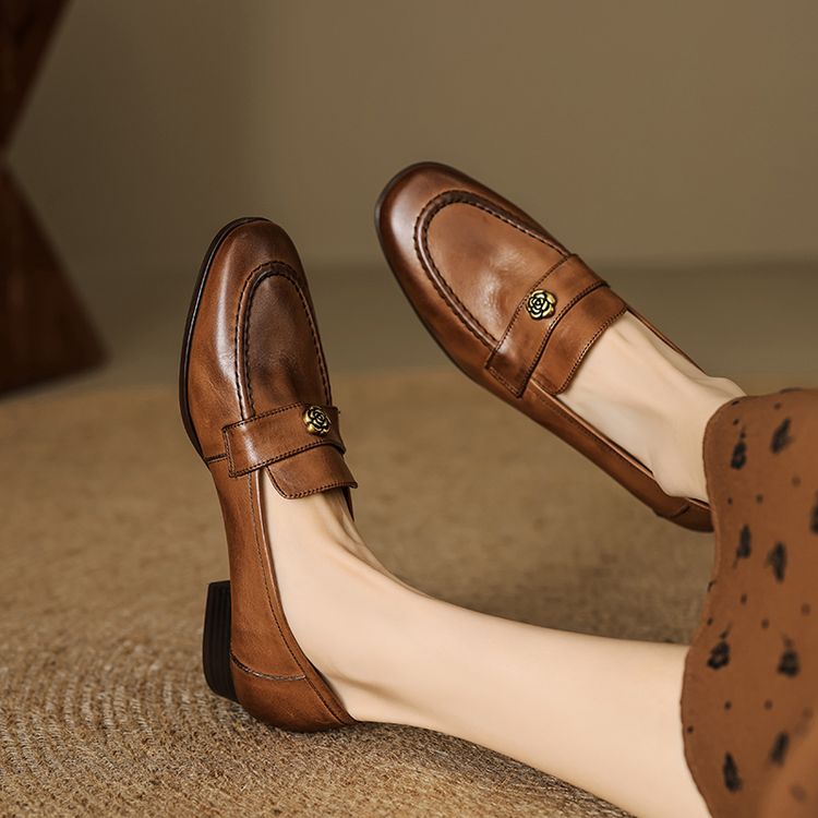 Women's Leather Loafers with Low Chunky Heel and Metal Detail - Style m.html