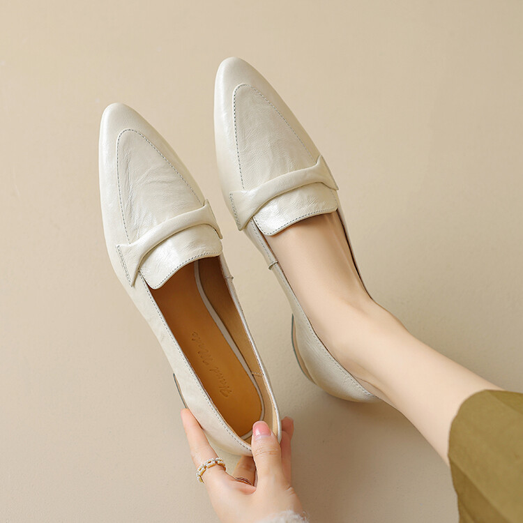 womens-pointed-toe-chunky-heel-loafers-sheepskin-slip-on Women's Pointed Toe Chunky Heel Loafers - Sheepskin Slip-On