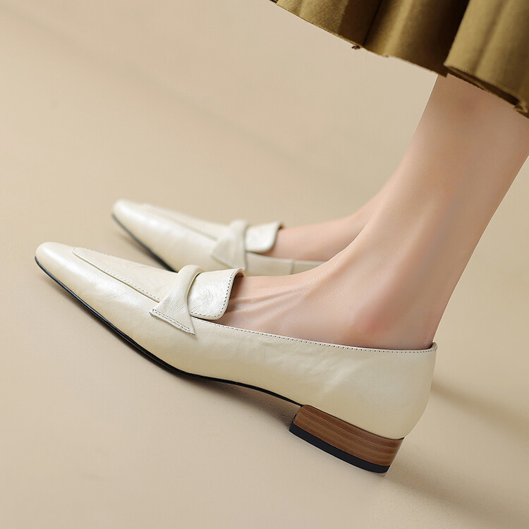 Women's Pointed Toe Chunky Heel Loafers - Sheepskin Slip-On