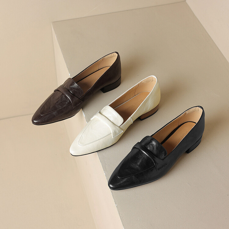 Women's Pointed Toe Chunky Heel Loafers - Sheepskin Slip-On