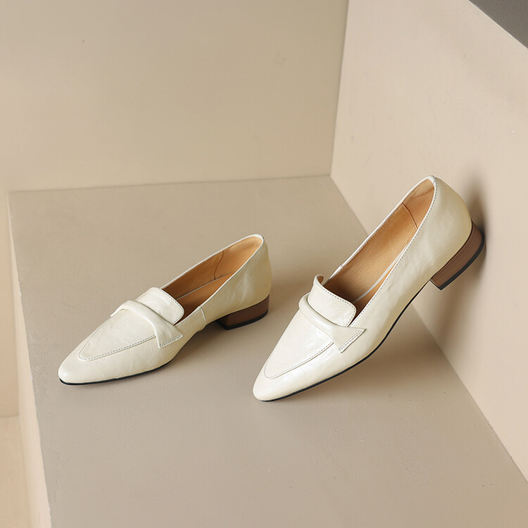 Women's Pointed Toe Chunky Heel Loafers - Sheepskin Slip-On