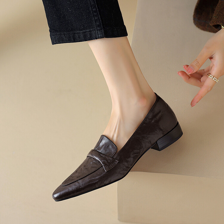 Women's Pointed Toe Chunky Heel Loafers - Sheepskin Slip-On