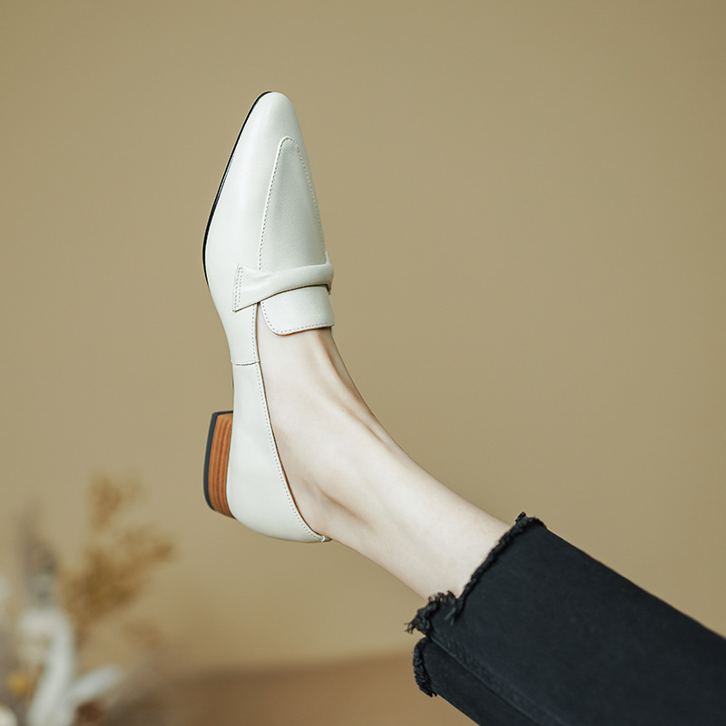 Women's Pointed Toe Chunky Heel Loafers - Top Grain Leather Slip-On Shoes - Style o.html