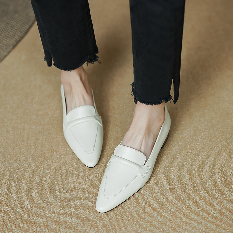 Women's Pointed Toe Chunky Heel Loafers - Top Grain Leather Slip-On Shoes - Style o.html