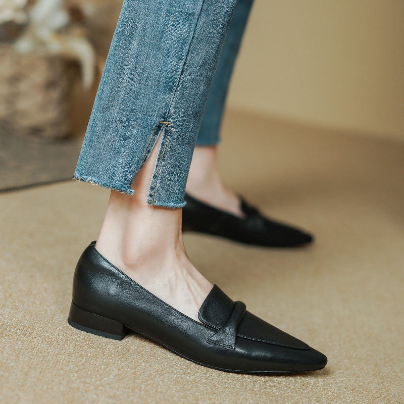Women's Pointed Toe Chunky Heel Loafers - Top Grain Leather Slip-On Shoes - Style o.html
