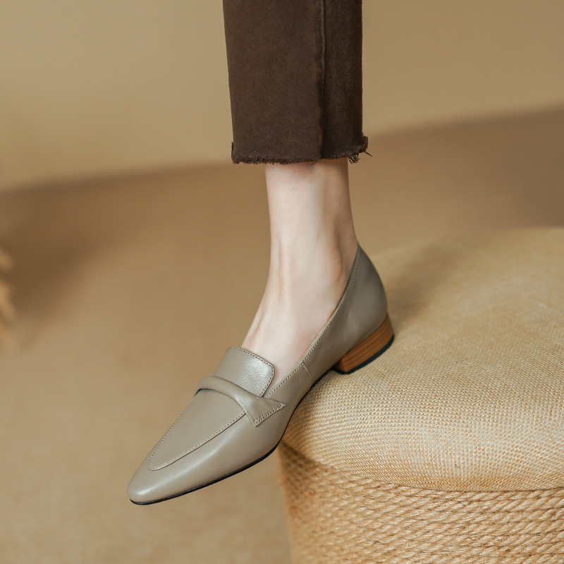 Women's Pointed Toe Chunky Heel Loafers - Top Grain Leather Slip-On Shoes - Style o.html