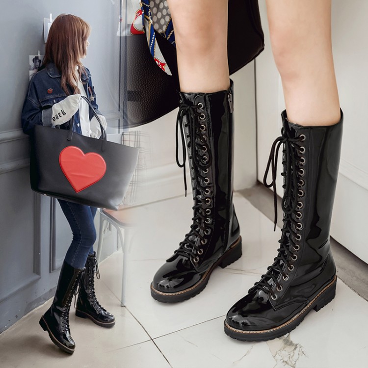 Women's Street Style Moto Boots with Cross Lace-Up and Side Zipper
