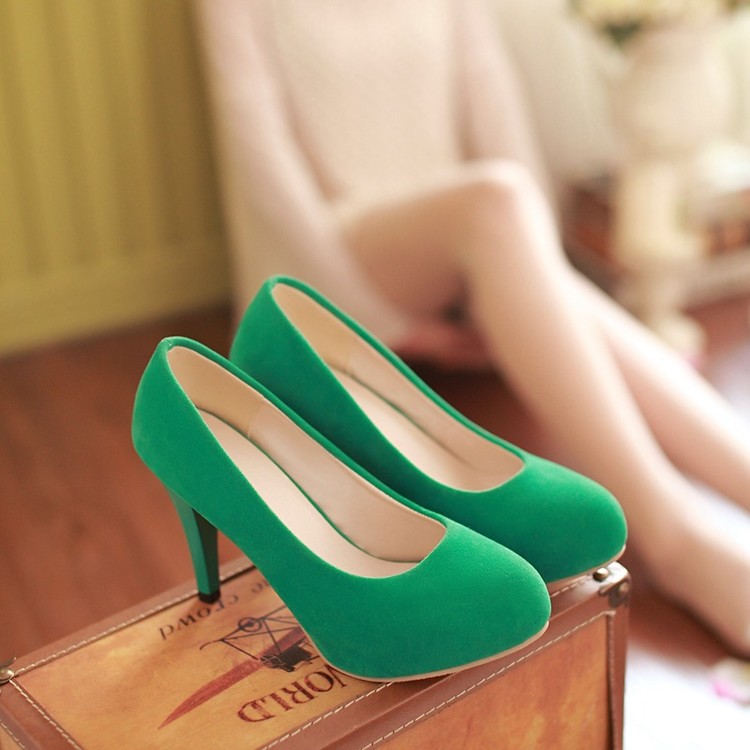 Women's Suede Loafers Slip-On High Heel Pumps Casual Solid Round Toe
