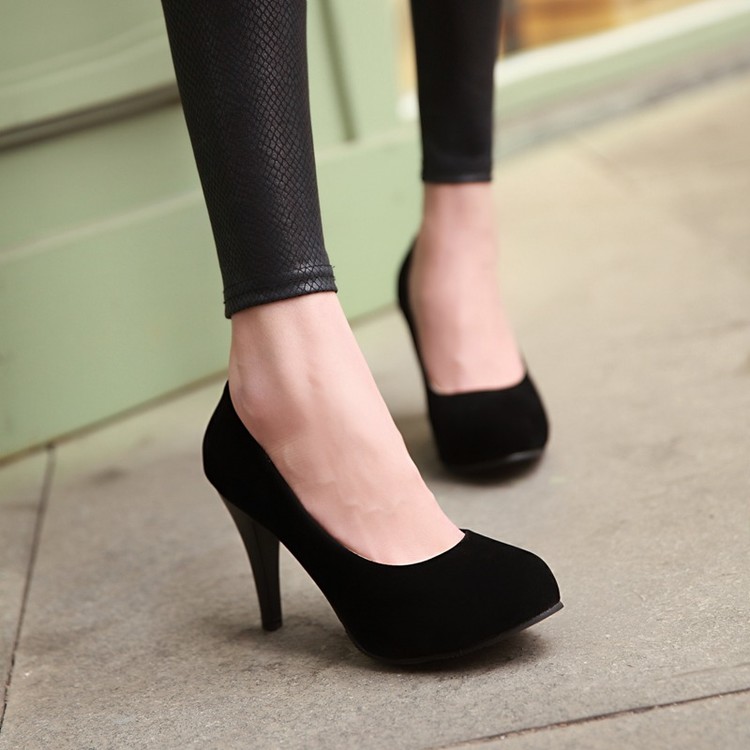 Women's Suede Loafers Slip-On High Heel Pumps Casual Solid Round Toe