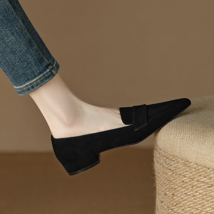 Women's Suede Loafers with Chunky Mid Heel and Pointed Toe - Style g.html